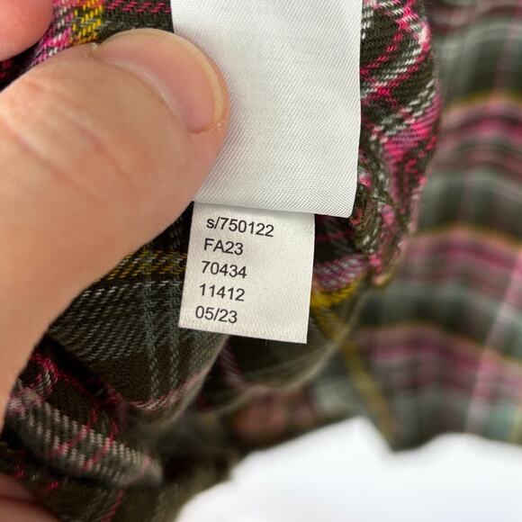 LOFT Petite Plaid Flounce Dress Small Petite pink green popover button - Picture 9 of 9